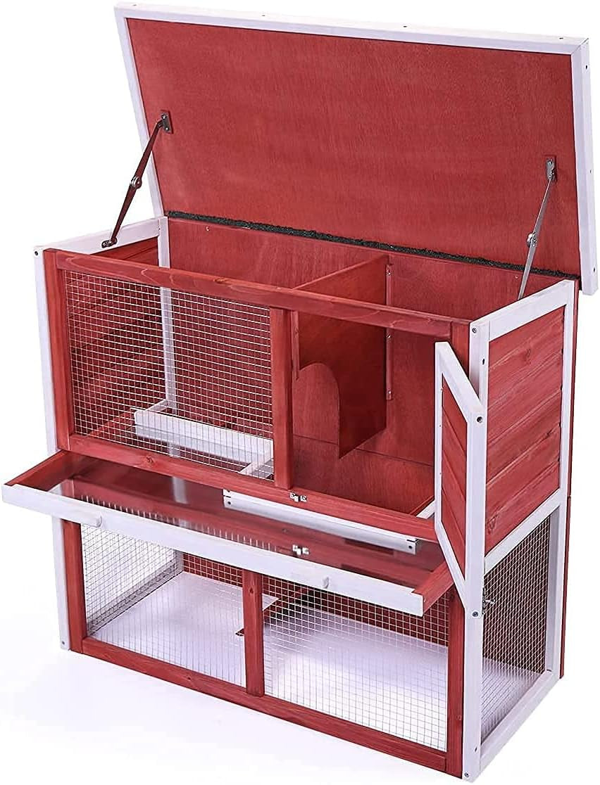 Rabbit Hutch, Bunny Rabbit Cage Indoor Outdoor Chicken Coop Guinea Pig Cage Pet House with Waterproof Roof and Pull Out Tray(Red)