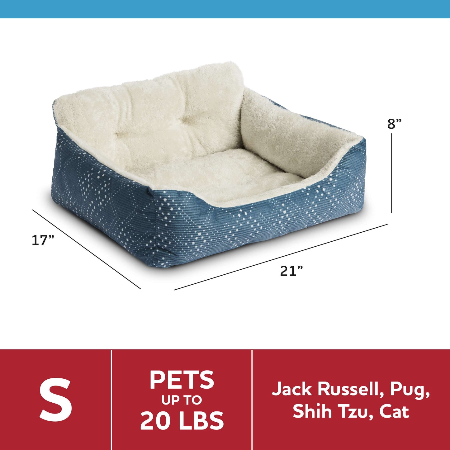 Dog & Cat Bed, Plush Lounger, Portable, Machine Washable, Blue, 21" X 17"